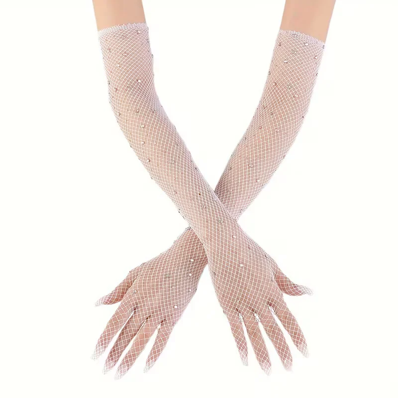 A Pair of Long Lace Sexy Gloves with Rhinestones Thin Half-sleeve Fingerless Breathable Mesh Ice Silky Fiber Fabric Bar Style
A Pair of Long Lace Sexy Gloves with Rhinestones Thin Half-sleeve Fingerless Breathable Mesh Ice Silky Fiber Fabric Bar Style