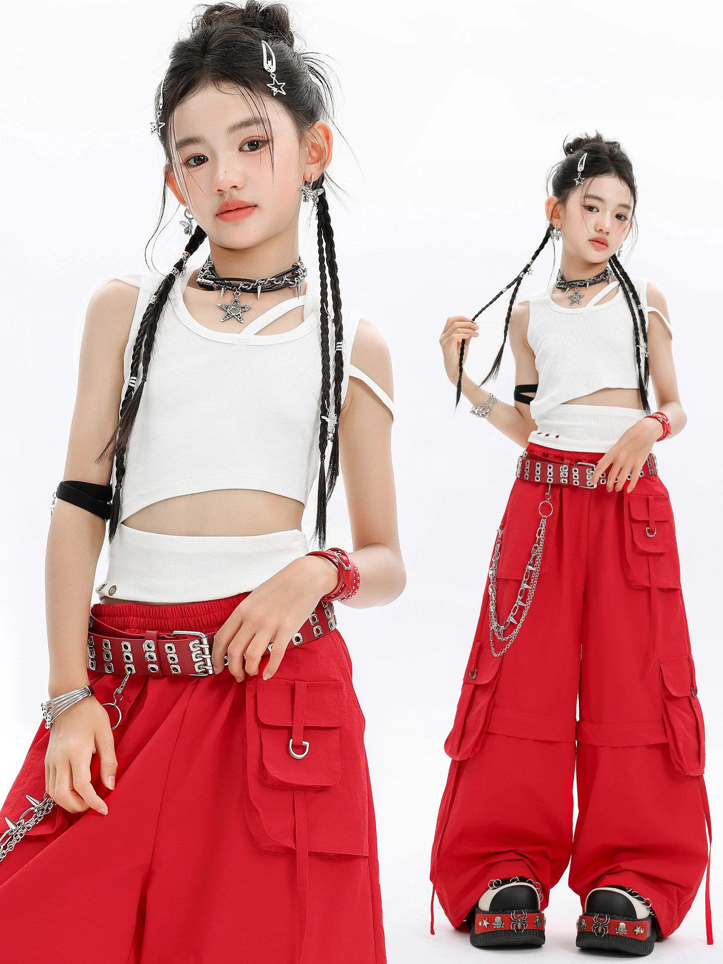 Kids Jazz Dance Clothes For Girls Summer Kpop White Vest Red Cargo Pants Hip Hop Practice Performance Outfit Stage Costume
Kids Jazz Dance Clothes For Girls Summer Kpop White Vest Red Cargo Pants Hip Hop Practice Performance Outfit Stage Costume