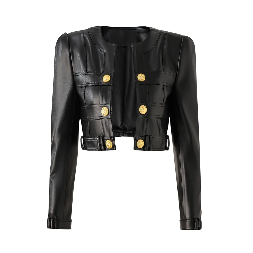 Artificial leather small jacket set patchwork small crew neck shoulder pads High street style small coat and skirt
Artificial leather small jacket set patchwork small crew neck shoulder pads High street style small coat and skirt