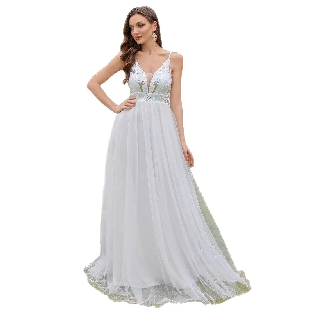 Sexy V-neck Spaghetti Straps Sequined Long Formal Evening Dress White
Sexy V-neck Spaghetti Straps Sequined Long Formal Evening Dress White