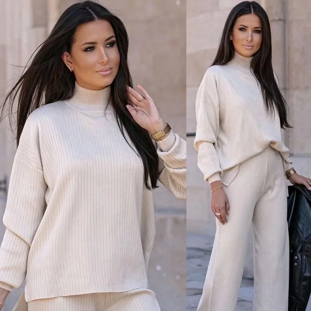 Solid Two Pieces Sets Women Knitted Tracksuit Turtleneck Sweater Wide Leg Jogging Pants Pullover Suit Pant Sets Y2k Elegant
Solid Two Pieces Sets Women Knitted Tracksuit Turtleneck Sweater Wide Leg Jogging Pants Pullover Suit Pant Sets Y2k Elegant