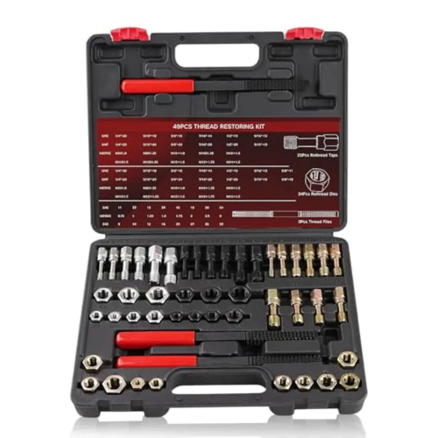 49PCS Thread Chaser and Repair Kit with 22 Taps 24 Dies 3 Files for UNC UNF Metric Bolts Nuts and Screws
49PCS Thread Chaser and Repair Kit with 22 Taps 24 Dies 3 Files for UNC UNF Metric Bolts Nuts and Screws