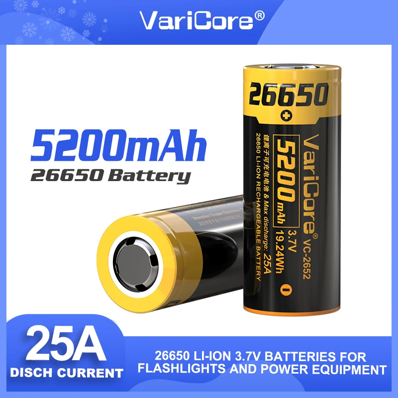 VariCore VC-2652 5200 мАч 26650 3,7 В литий-ионный аккумулятор высокой емкости 25 А разряд для фонарика для вейпа солнечный свет
VariCore VC-2652 5200 мАч 26650 3,7 В литий-ионный аккумулятор высокой емкости 25 А разряд для фонарика для вейпа солнечный свет