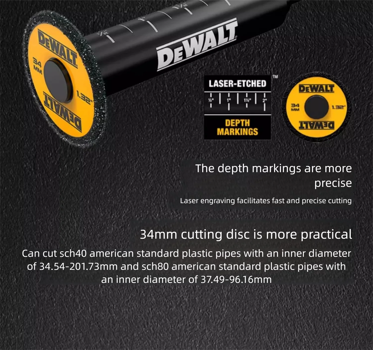 DEWALT impact screwdriver with plastic pipe cutter blade and diamond cutting disc.
DEWALT impact screwdriver with plastic pipe cutter blade and diamond cutting disc.