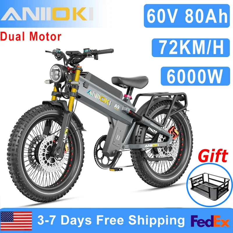 ANIIOKI Electric Bike 6000W Dual Motor 60v 70Ah80Ah 47mph Fat Tires 26"*4.8" Suspension Air Fork A9 Pro Max AWD Electric Bicycle
ANIIOKI Electric Bike 6000W Dual Motor 60v 70Ah80Ah 47mph Fat Tires 26"*4.8" Suspension Air Fork A9 Pro Max AWD Electric Bicycle