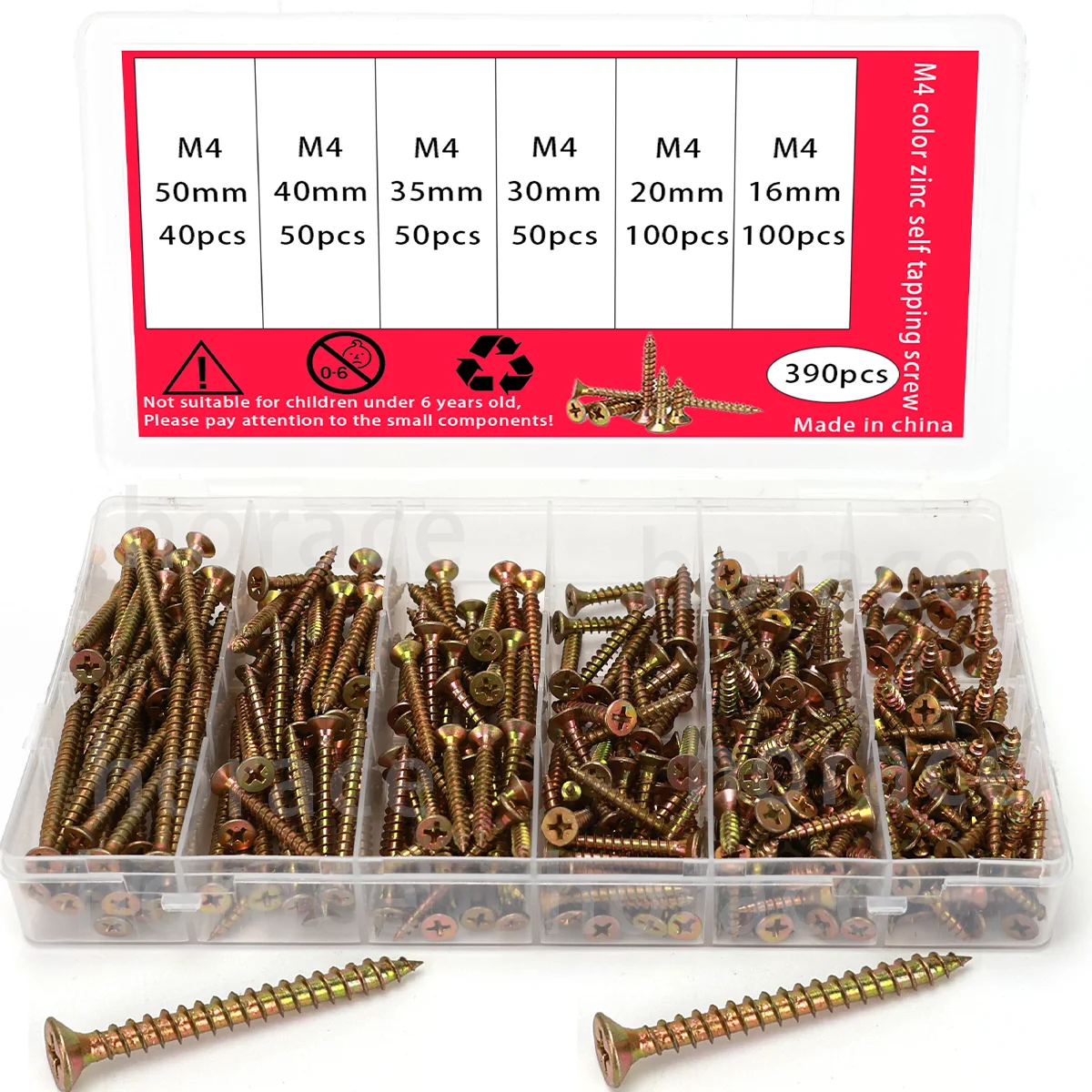 390pcs/M4 galvanized self-tapping screw set-6 sizes(16-50mm) Phillips head wood screws for furniture repair and home renovation.
390pcs/M4 galvanized self-tapping screw set-6 sizes(16-50mm) Phillips head wood screws for furniture repair and home renovation.