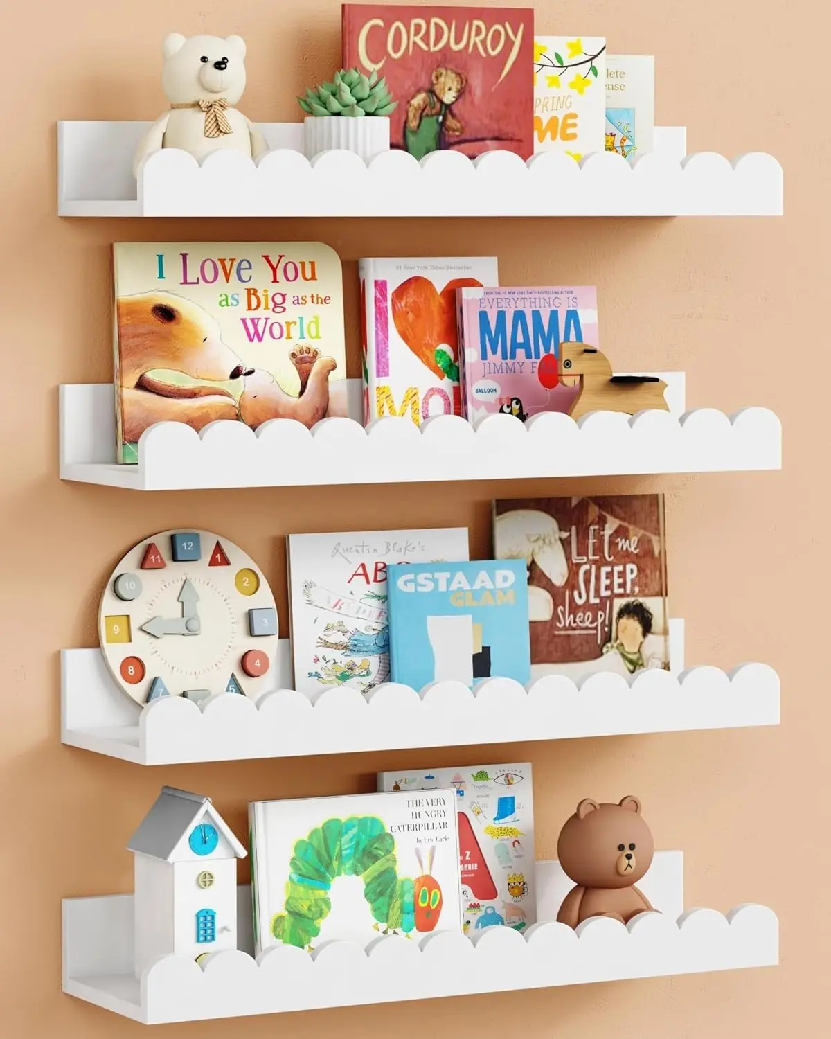 Scalloped Floating Shelves for Wall Set of 4, White Kids Book Shelves, Cloud Hanging Bookshelf for Baby Toddler Room Bathroom Bedroom
Scalloped Floating Shelves for Wall Set of 4, White Kids Book Shelves, Cloud Hanging Bookshelf for Baby Toddler Room Bathroom Bedroom