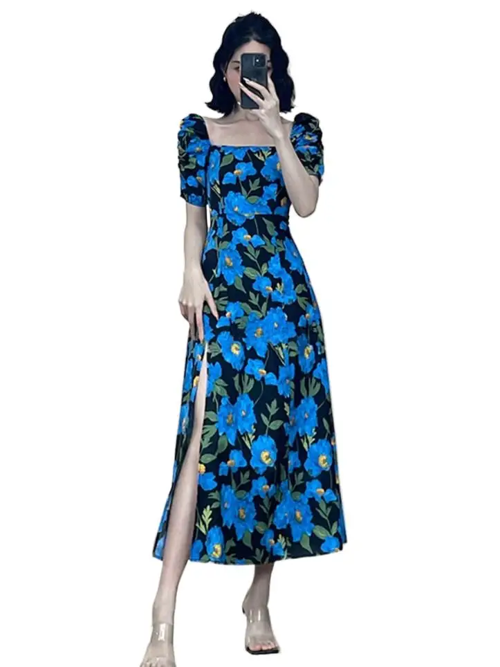 French Elegant Blue Flower Print Dress Square Neck Bubble Sleeve Slim Fit Sexy Split Dress Fashion vintage party dress S - 5XL
French Elegant Blue Flower Print Dress Square Neck Bubble Sleeve Slim Fit Sexy Split Dress Fashion vintage party dress S - 5XL