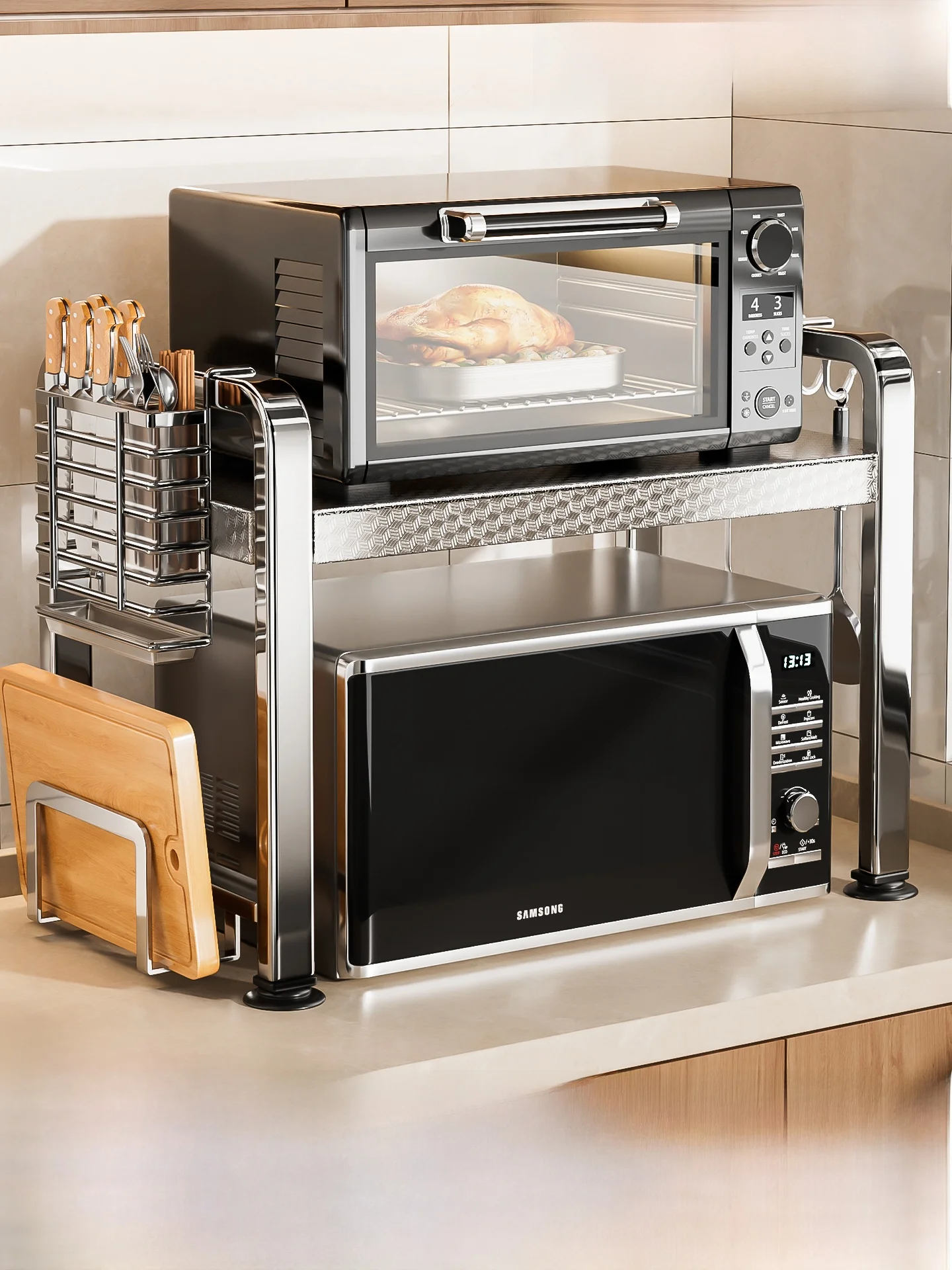 304 Stainl Steel Kitchen Microwave Oven Ra Multi-Function Home Support Countertop Oven Rice Cooker Storage Ra