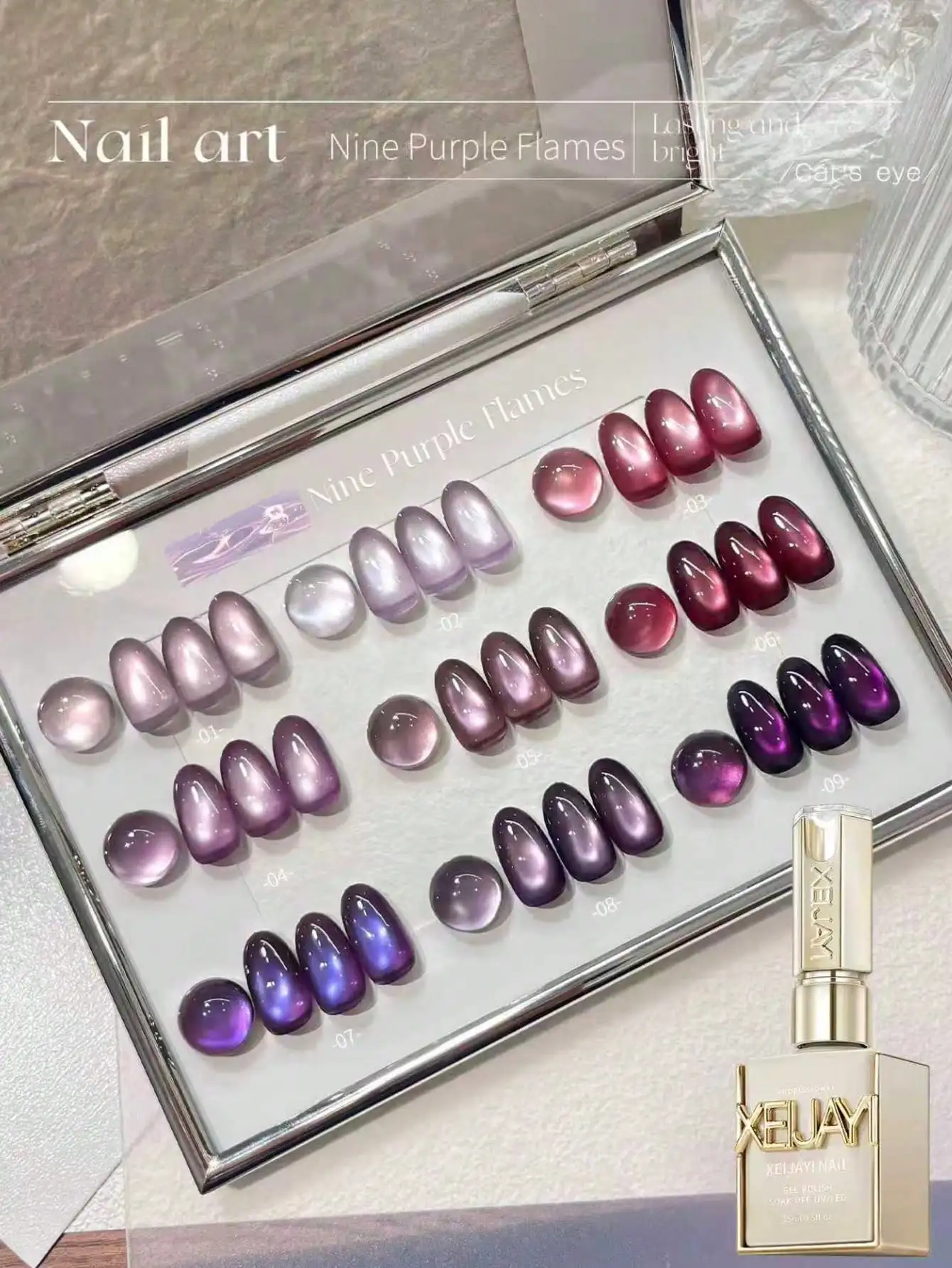 9pcs Nine Purple Flames Cat Eye Gel Polish Set, UV/LED Soak Off Nail Gel with Magnetic Chrome Effect, Long Lasting & High Shine
9pcs Nine Purple Flames Cat Eye Gel Polish Set, UV/LED Soak Off Nail Gel with Magnetic Chrome Effect, Long Lasting & High Shine