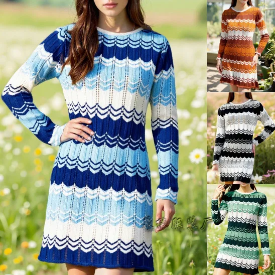 KIDCRKJ Wave-patterned Spring Female Dress Color-Blocked Striped Round-Neck Pullover For Women Elegant Spliced Lady's Knit Dress
KIDCRKJ Wave-patterned Spring Female Dress Color-Blocked Striped Round-Neck Pullover For Women Elegant Spliced Lady's Knit Dress