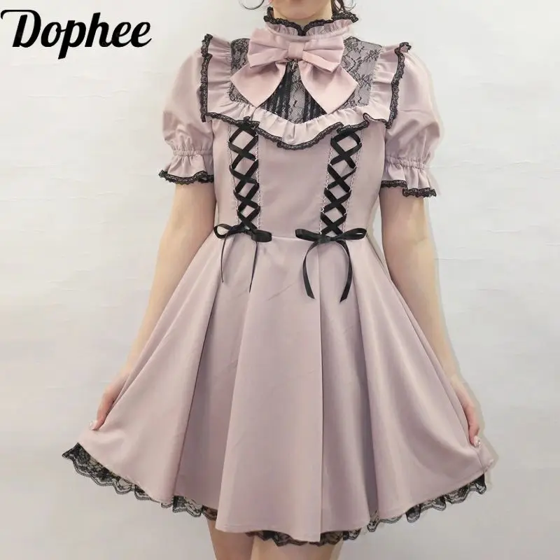 Dophee Japan Style Cute Ribbon Bow Puff Short Sleeve Dress Gothic Lolita Stand Collar Elegant Lace Splicing A-line Mini Dress
Dophee Japan Style Cute Ribbon Bow Puff Short Sleeve Dress Gothic Lolita Stand Collar Elegant Lace Splicing A-line Mini Dress
