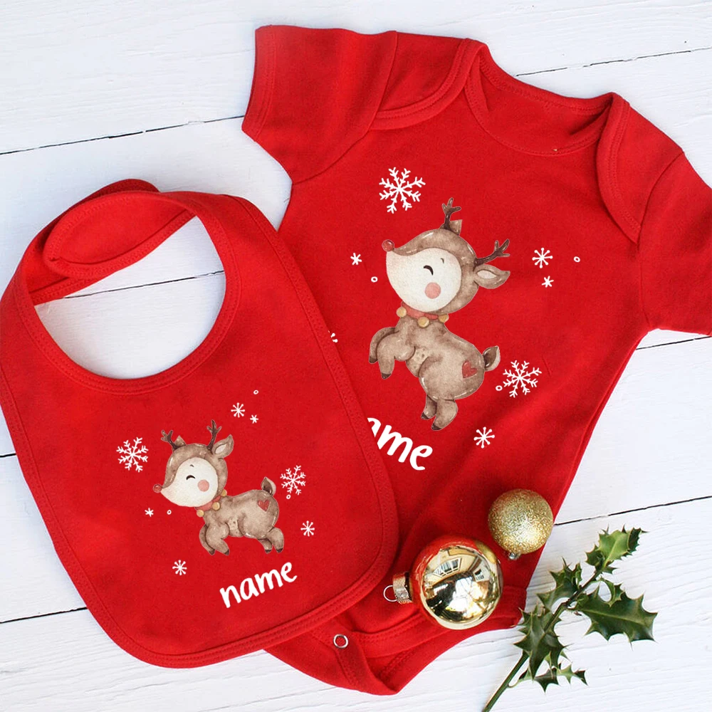Personlized Christmas Deer with Name Baby Bib & Bodysuit 2pcs Set Newborn Cotton Romper + Bibs Cute Christmas Snowman Clothes
Personlized Christmas Deer with Name Baby Bib & Bodysuit 2pcs Set Newborn Cotton Romper + Bibs Cute Christmas Snowman Clothes