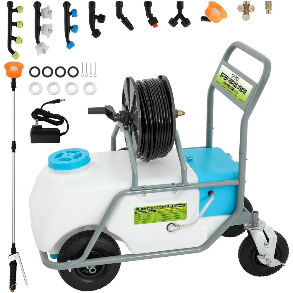 Portable 24 Gallon Electric Sprayer with 90 PSI Pump, 12V 8Ah Battery, Adjustable Wand, 10 Nozzles for Lawn and Garden Use
Portable 24 Gallon Electric Sprayer with 90 PSI Pump, 12V 8Ah Battery, Adjustable Wand, 10 Nozzles for Lawn and Garden Use