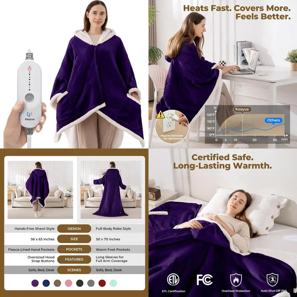 Heated Throw Blanket with Hood and Pockets, 5 Temperature Settings, Auto-Off, Washable, Unisex, Purple
Heated Throw Blanket with Hood and Pockets, 5 Temperature Settings, Auto-Off, Washable, Unisex, Purple