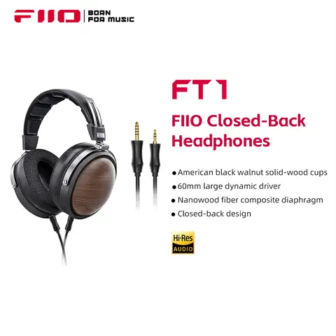 FiiO FT1-New version Closed-Back Over-Ear  Fiber Composite Diaphragm Wired Hi-Fi Headphones, American walnut Ear Cups for Studio