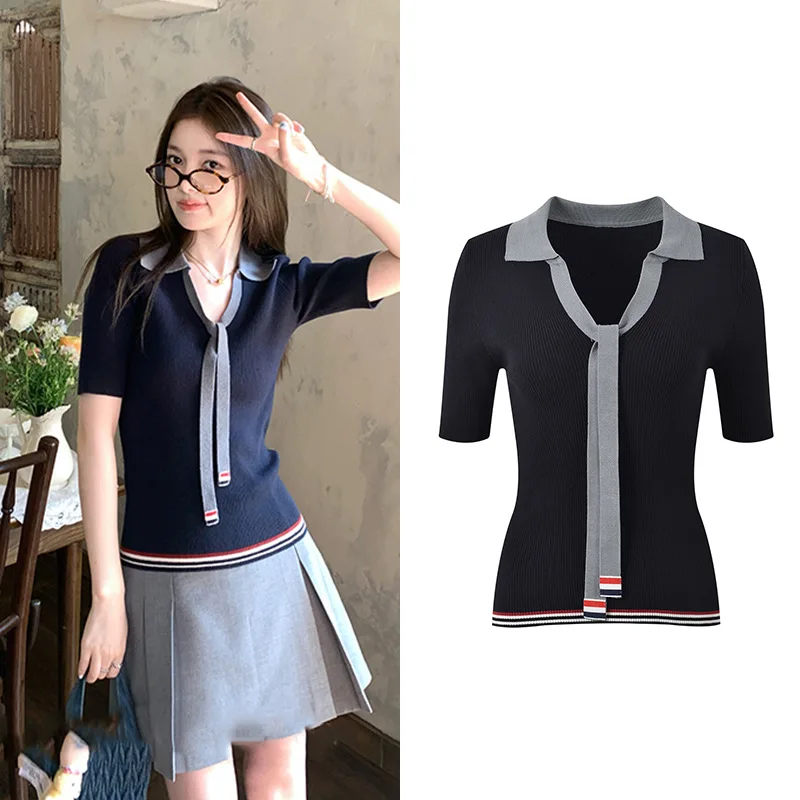 Slim Fit V-Ne ort Sve Knitted Top with Belt Design Summer Korean Sle Striped irt for Women Ice Silk Material
Slim Fit V-Ne ort Sve Knitted Top with Belt Design Summer Korean Sle Striped irt for Women Ice Silk Material