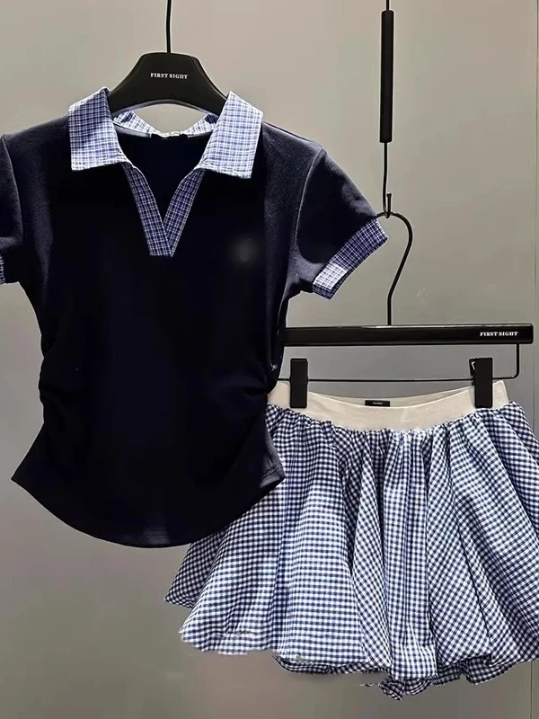 Korean Blue Plaid Color Block Collar Short Sleeve T-Shirt Half Skirt Two Piece Set Women Summer Small Size Complete Outfit
Korean Blue Plaid Color Block Collar Short Sleeve T-Shirt Half Skirt Two Piece Set Women Summer Small Size Complete Outfit