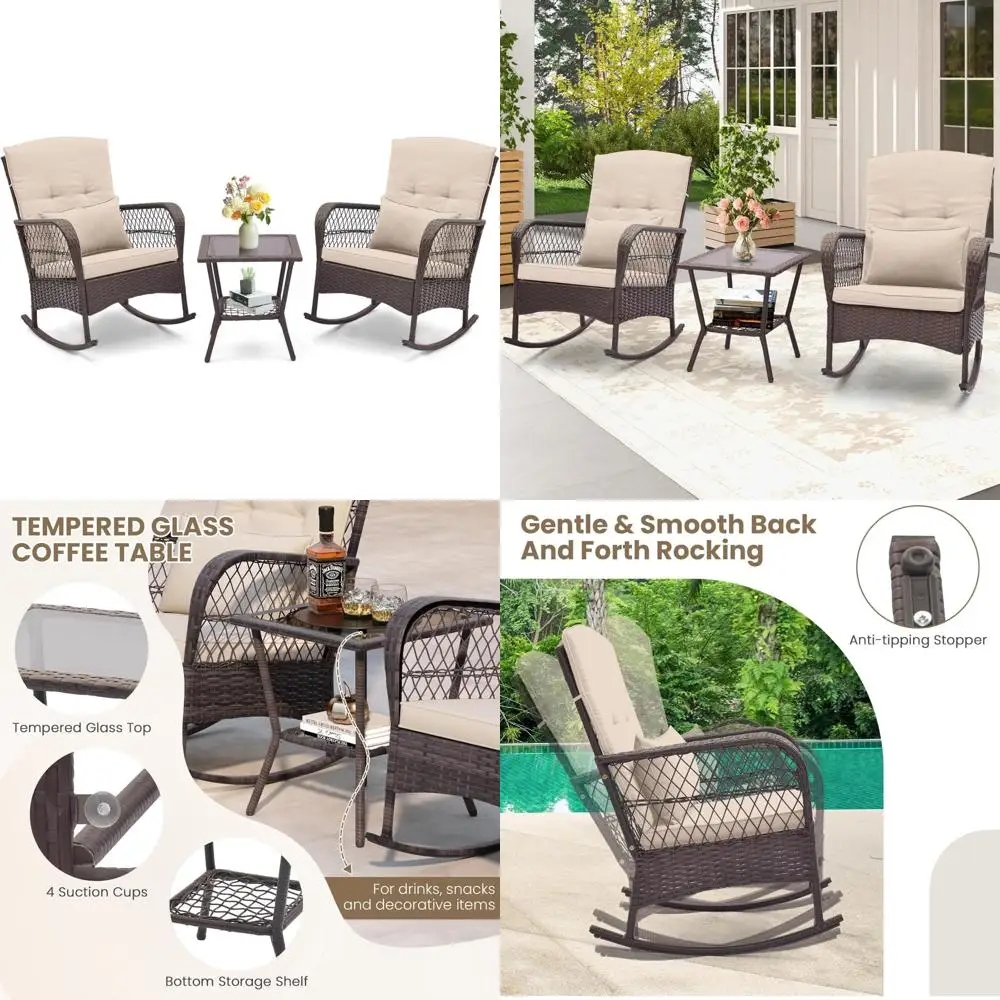 Outdoor Wicker Rocking Chair Set with Cushions, Pillows, and Glass Top Coffee Table
Outdoor Wicker Rocking Chair Set with Cushions, Pillows, and Glass Top Coffee Table