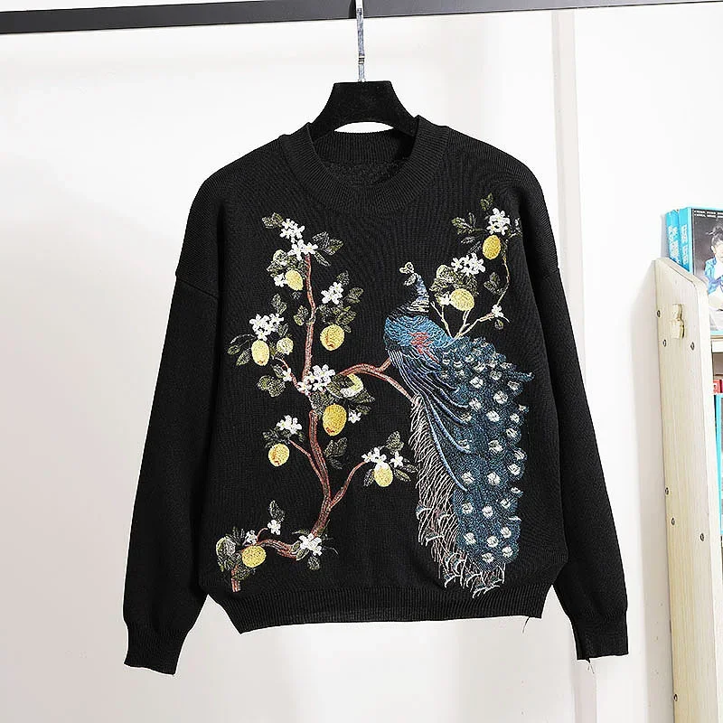 Fashion Black Knitted Tracksuits Outfits 2pc Women Loose Peacock Embroidery Long Sleeve Sweater Pencil Pants 2 Piece Set Female
Fashion Black Knitted Tracksuits Outfits 2pc Women Loose Peacock Embroidery Long Sleeve Sweater Pencil Pants 2 Piece Set Female