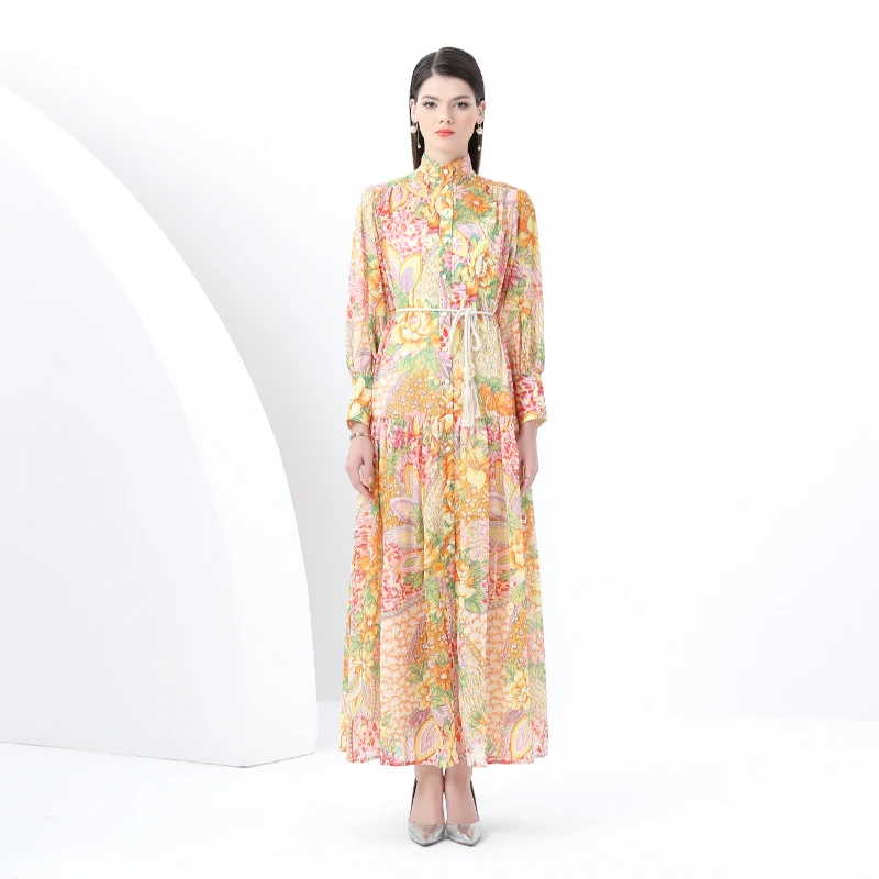 2025 European and American retro style stand up collar lantern sleeve wave side length printed dresses for women two-piece set
2025 European and American retro style stand up collar lantern sleeve wave side length printed dresses for women two-piece set