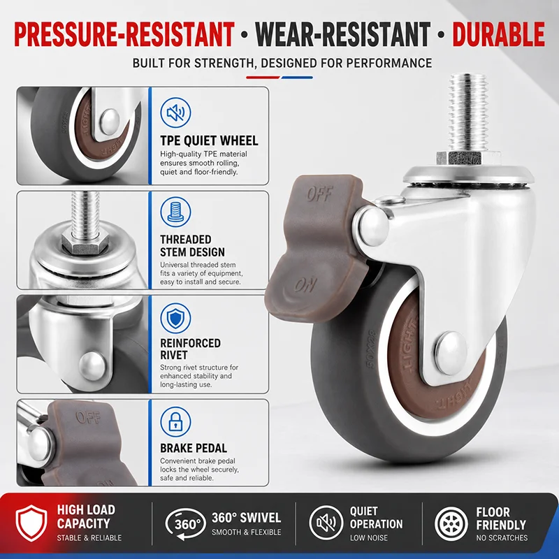 TPE Rubber Threaded Stem Caster Wheel 2/2.5 Inch M6 M8 M10 Swivel Brake Wheels with Nut for Furniture Cart
TPE Rubber Threaded Stem Caster Wheel 2/2.5 Inch M6 M8 M10 Swivel Brake Wheels with Nut for Furniture Cart