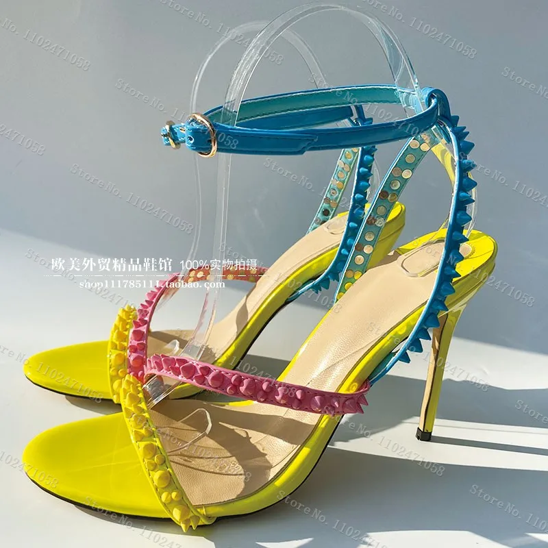 Mixed Color Rivet One Strap Peep Toe Sandals for Women, Narrow Band, Thin Heels, Genuine Leather Dress Shoes, High Heels, Summer
Mixed Color Rivet One Strap Peep Toe Sandals for Women, Narrow Band, Thin Heels, Genuine Leather Dress Shoes, High Heels, Summer