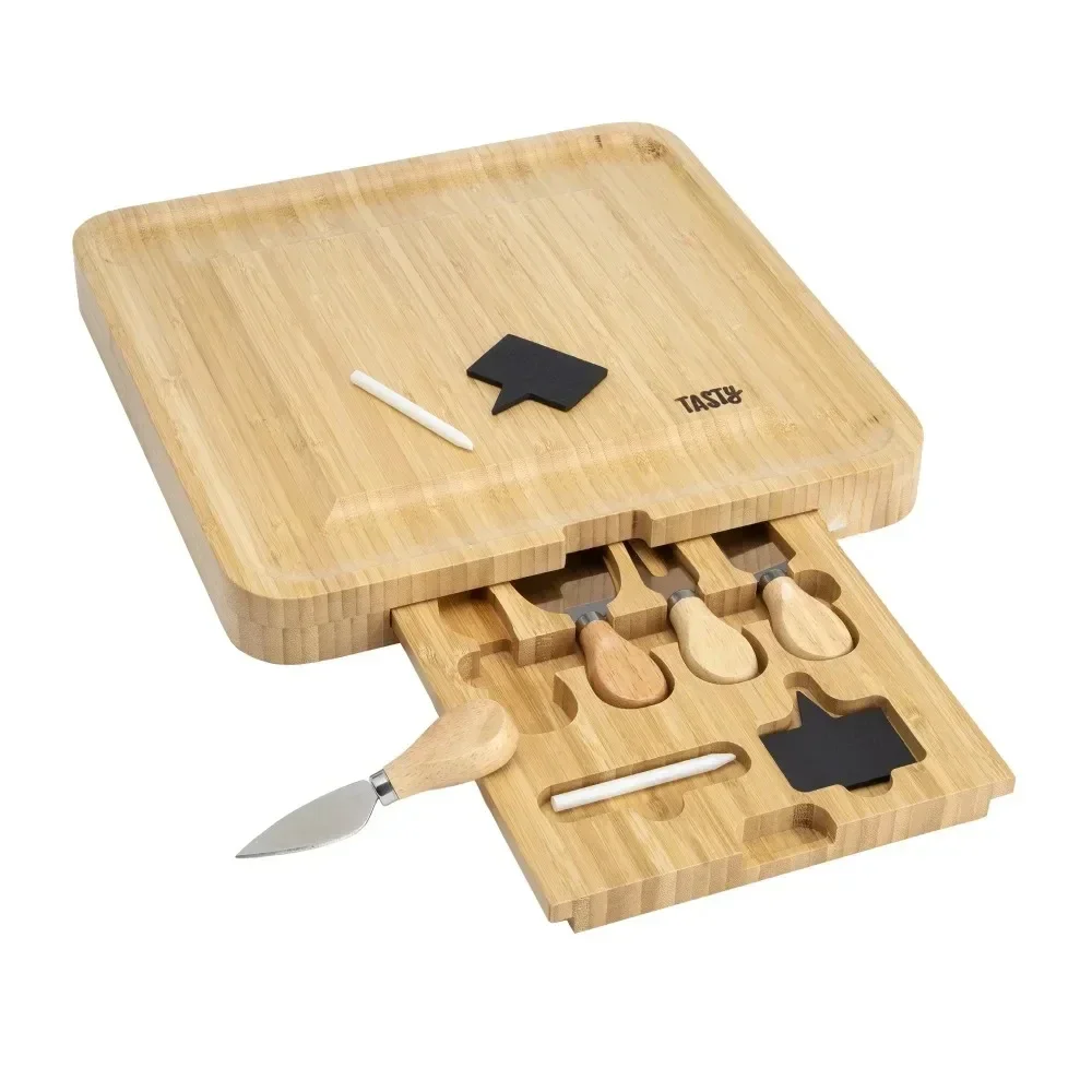 Tasty Natural Bamboo Cheese Board and Charcuterie Tray with Hidden Drawer, Utensils, Markers, and Chalk, 13" x 13"
Tasty Natural Bamboo Cheese Board and Charcuterie Tray with Hidden Drawer, Utensils, Markers, and Chalk, 13" x 13"