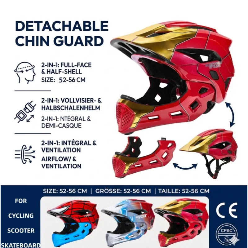 BATFOX Kid Helmet Full Face Mtb Bicycle Helmet Child Children Red Gold Design Cycling BMX Detachable Downhill Multi-Sport Helmet
BATFOX Kid Helmet Full Face Mtb Bicycle Helmet Child Children Red Gold Design Cycling BMX Detachable Downhill Multi-Sport Helmet