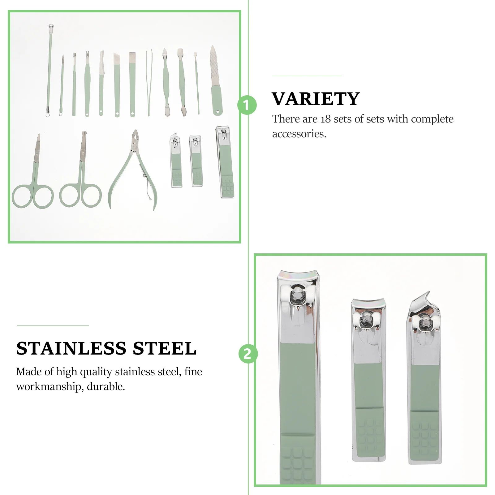 18Pcs Nail Grooming Kit Stainless Steel Manicure Tools Durable Long Lasting Use for Daily Green Manicure Tools
18Pcs Nail Grooming Kit Stainless Steel Manicure Tools Durable Long Lasting Use for Daily Green Manicure Tools