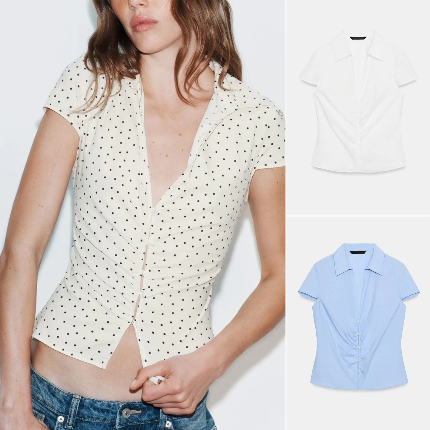 Summer New Women's Casual Style V-neck Short Sleeve Polka Dot Pleated Waist-cinching Shirt Comfortable Breathable Polyester
Summer New Women's Casual Style V-neck Short Sleeve Polka Dot Pleated Waist-cinching Shirt Comfortable Breathable Polyester