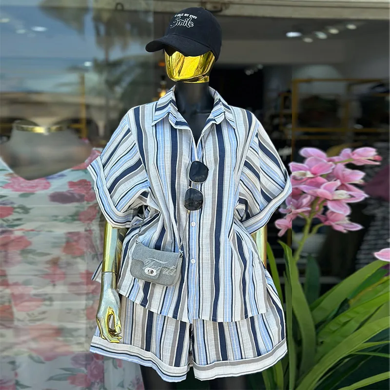 Fashion Women's Set Short Sleeve Striped Turn-down Collar Shirt and Shorts 2026 INS Two 2 Piece Sets Outfit Tracksuits
Fashion Women's Set Short Sleeve Striped Turn-down Collar Shirt and Shorts 2026 INS Two 2 Piece Sets Outfit Tracksuits
