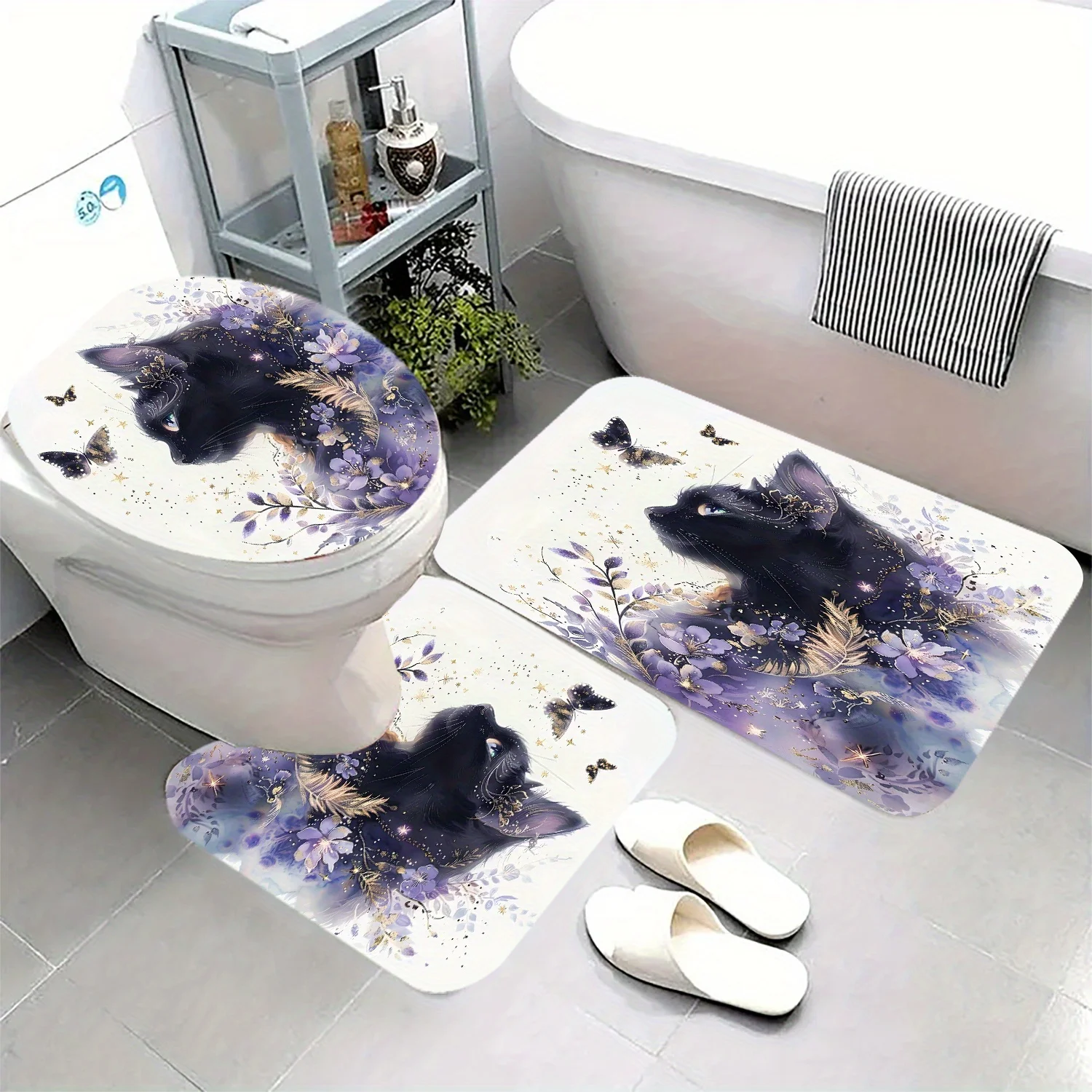 Набор для ванной комнаты из 3 предметов с цифровым принтом «Черный кот и бабочка», полиэфирная ткань, нескользящий коврик, U-образный коврик для сиденья унитаза 
Набор для ванной комнаты из 3 предметов с цифровым принтом «Черный кот и бабочка», полиэфирная ткань, нескользящий коврик, U-образный коврик для сиденья унитаза