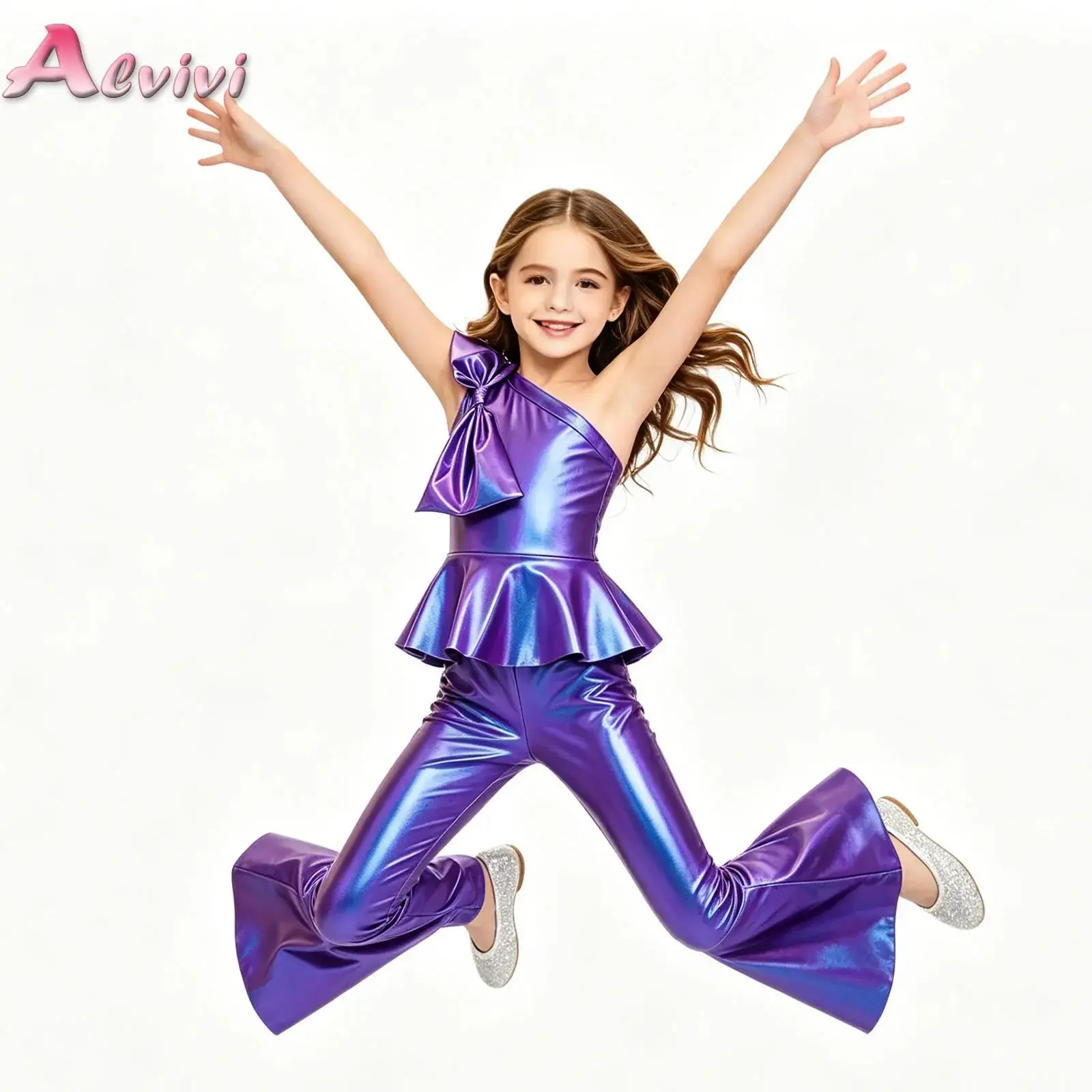 Girls Metallic Flared Pants Jumpsuit One Shoulder Bowtie Decor Ruffle Disco Hippie Jazz Dance Outfits Stage Performance Costume
Girls Metallic Flared Pants Jumpsuit One Shoulder Bowtie Decor Ruffle Disco Hippie Jazz Dance Outfits Stage Performance Costume