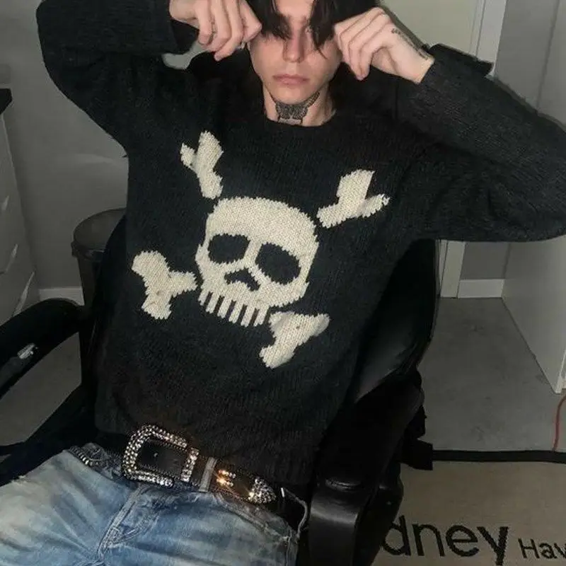 Y2K Skull Embroidered Knitted Long Sve Overhead ex Sweater Gothic Retro Sle round Ne Pullover Faionable Top
Y2K Skull Embroidered Knitted Long Sve Overhead ex Sweater Gothic Retro Sle round Ne Pullover Faionable Top