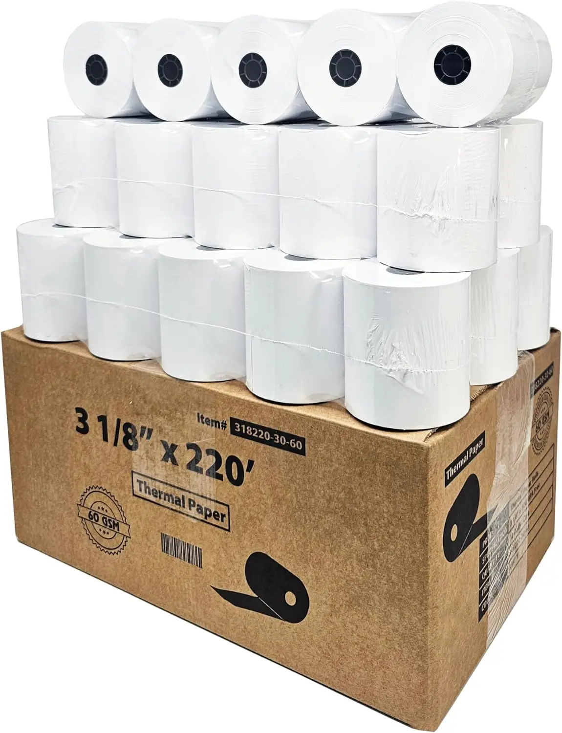 3 1/8 x 230 ft Thermal Paper Rolls 60 GSM Heavy Duty 30 Pack for POS Printers
3 1/8 x 230 ft Thermal Paper Rolls 60 GSM Heavy Duty 30 Pack for POS Printers