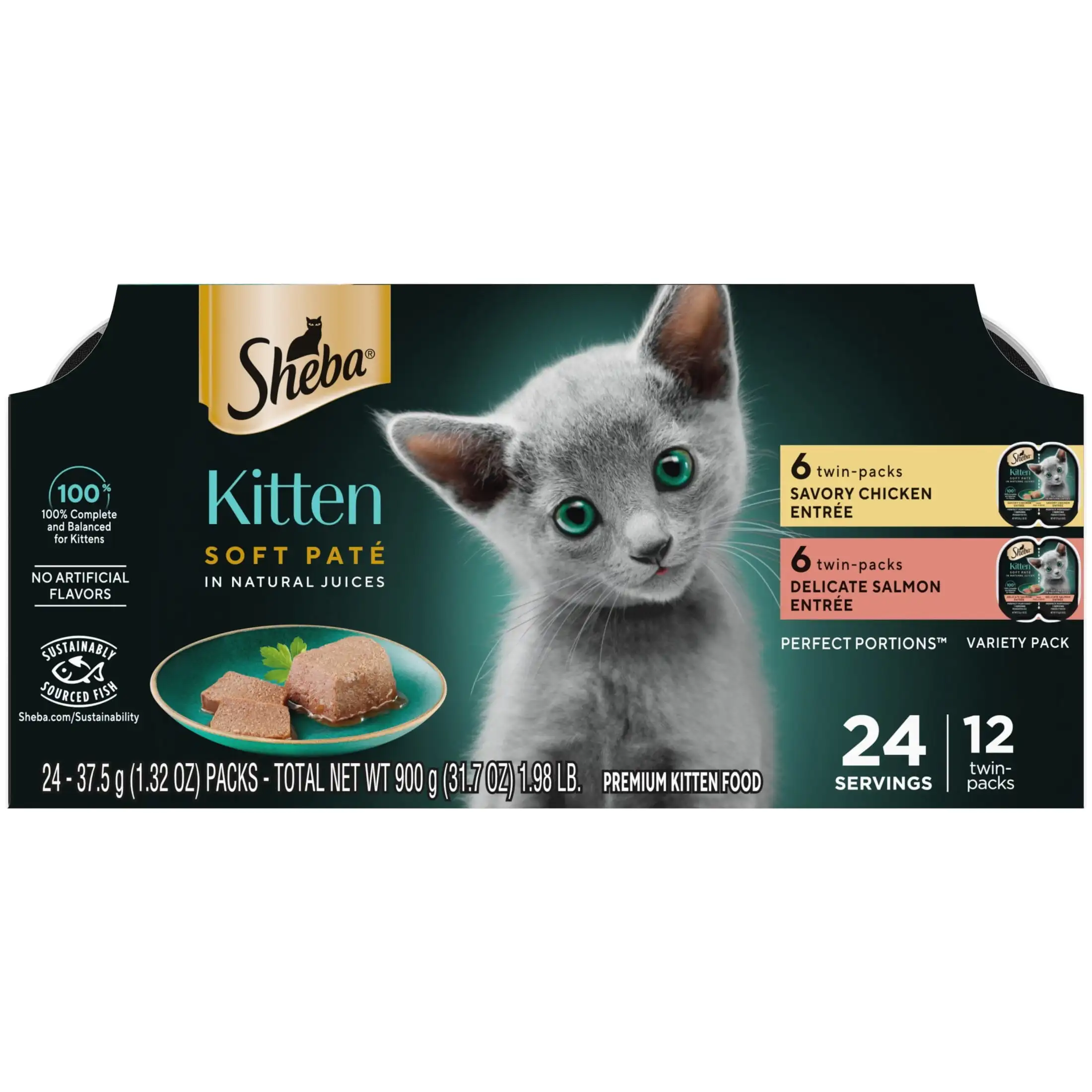 Sheba Perfect Portions Kitten Chicken and Salmon Entrées Variety Pack, 12 упаковок по 2,64 унции. одиночные
Sheba Perfect Portions Kitten Chicken and Salmon Entrées Variety Pack, 12 упаковок по 2,64 унции. одиночные