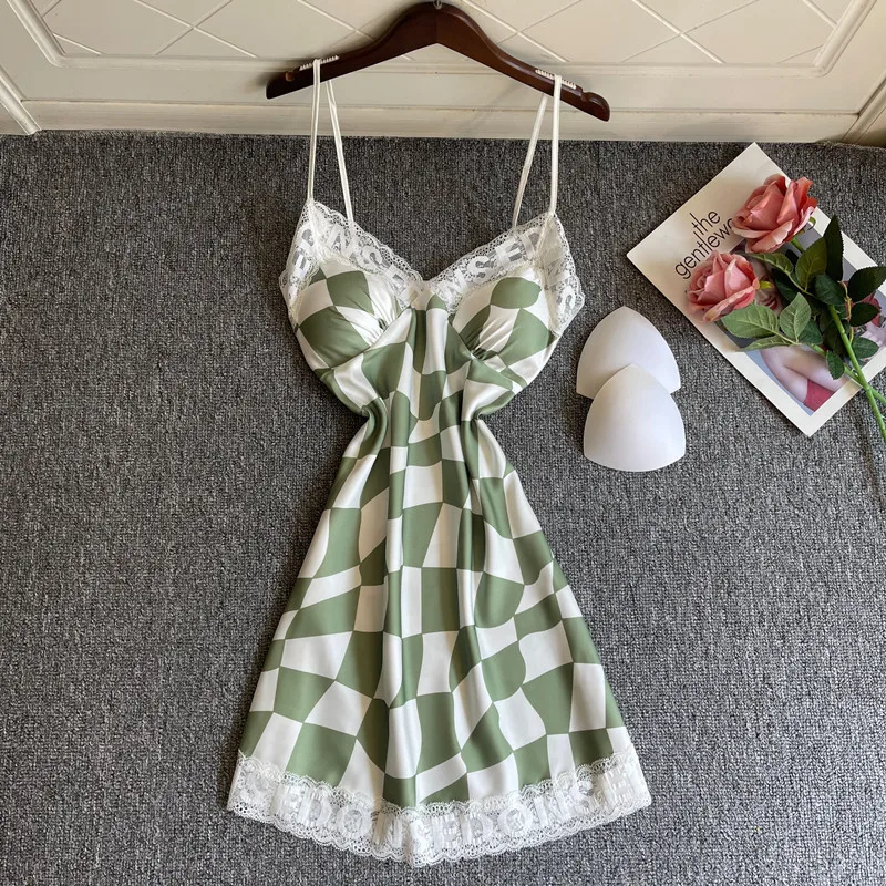 FZSLCYIYI Women Lingerie Lace Trim Plaid Printed Nightwear Sexy Satin Loungewear V-Neck Soft Sleepdress
FZSLCYIYI Women Lingerie Lace Trim Plaid Printed Nightwear Sexy Satin Loungewear V-Neck Soft Sleepdress