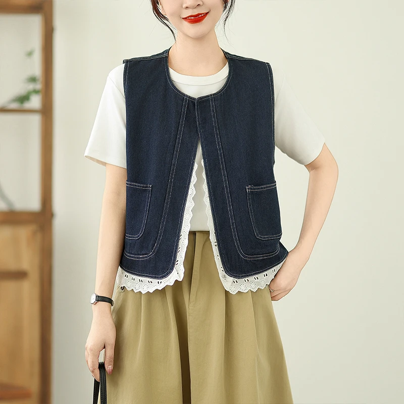 Летний джинсовый жилет с тонкой кружевной отделкой, простой модный универсальный утягивающий жилет, маленькая верхняя одежда с накладками на плечах, топ
Летний джинсовый жилет с тонкой кружевной отделкой, простой модный универсальный утягивающий жилет, маленькая верхняя одежда с накладками на плечах, топ