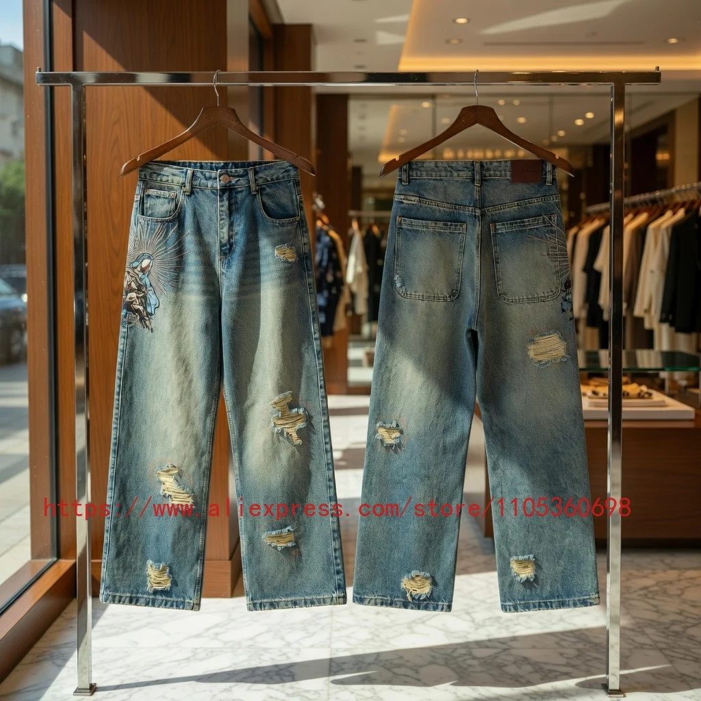 Real Photo DERSCHUTZE Men's Vintage Washed Wide Leg Jeans Distressed Ripped Religious Figure Embroidery Streetwear Denim Pants
Real Photo DERSCHUTZE Men's Vintage Washed Wide Leg Jeans Distressed Ripped Religious Figure Embroidery Streetwear Denim Pants