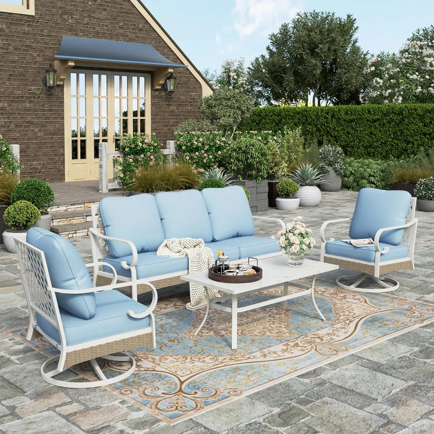 4-Piece Patio Furniture Set, 2 x Swivel Chairs, 1 x 3-Seat Sofa & Marble Coffee Table, All-Weather Outdoor Conversation Set
4-Piece Patio Furniture Set, 2 x Swivel Chairs, 1 x 3-Seat Sofa & Marble Coffee Table, All-Weather Outdoor Conversation Set