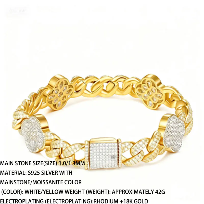 925 Sterling silver set with moissanite, plated with 18K gold, 8mm double-row Cuban chain with four-leaf clover, hip-hop men's b
925 Sterling silver set with moissanite, plated with 18K gold, 8mm double-row Cuban chain with four-leaf clover, hip-hop men's b