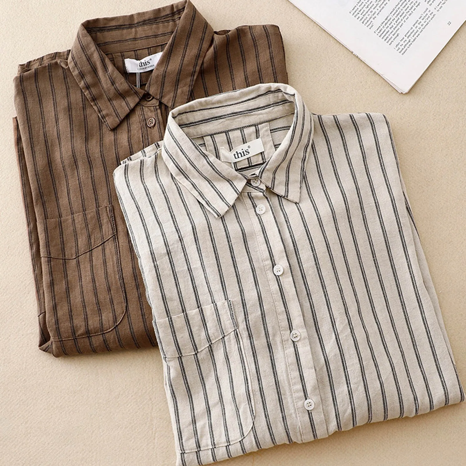 Elegant Blended Striped Shirts Women Retro Pocket Long Sleeve Shirts Turn-Down Collar Button Blouse Tops
Elegant Blended Striped Shirts Women Retro Pocket Long Sleeve Shirts Turn-Down Collar Button Blouse Tops