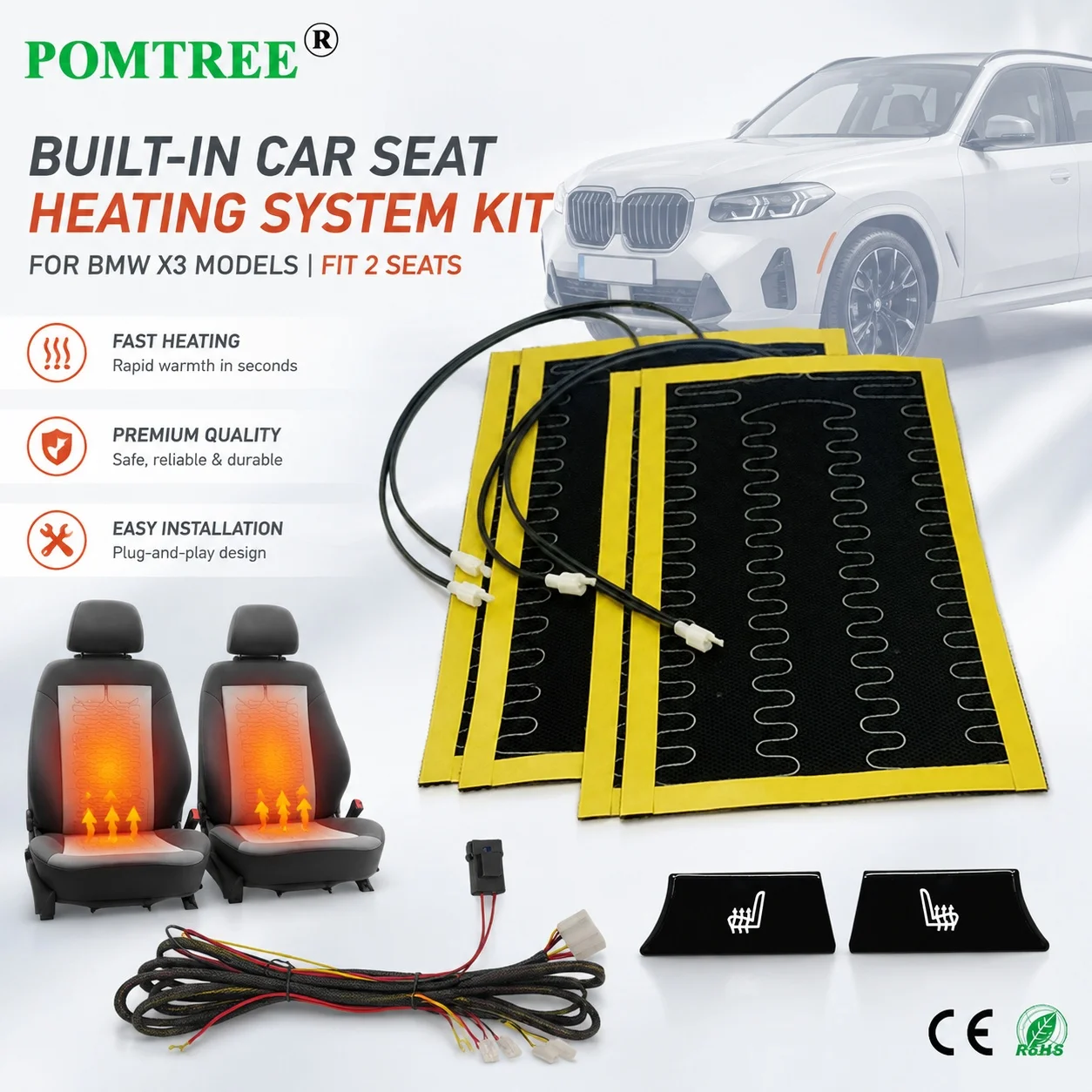 Built-in Car Seat Heating System Kit Fit 2 Seats,Suitable For BMW X3 Model,Including Heating Pads & Switch,for Winter
Built-in Car Seat Heating System Kit Fit 2 Seats,Suitable For BMW X3 Model,Including Heating Pads & Switch,for Winter