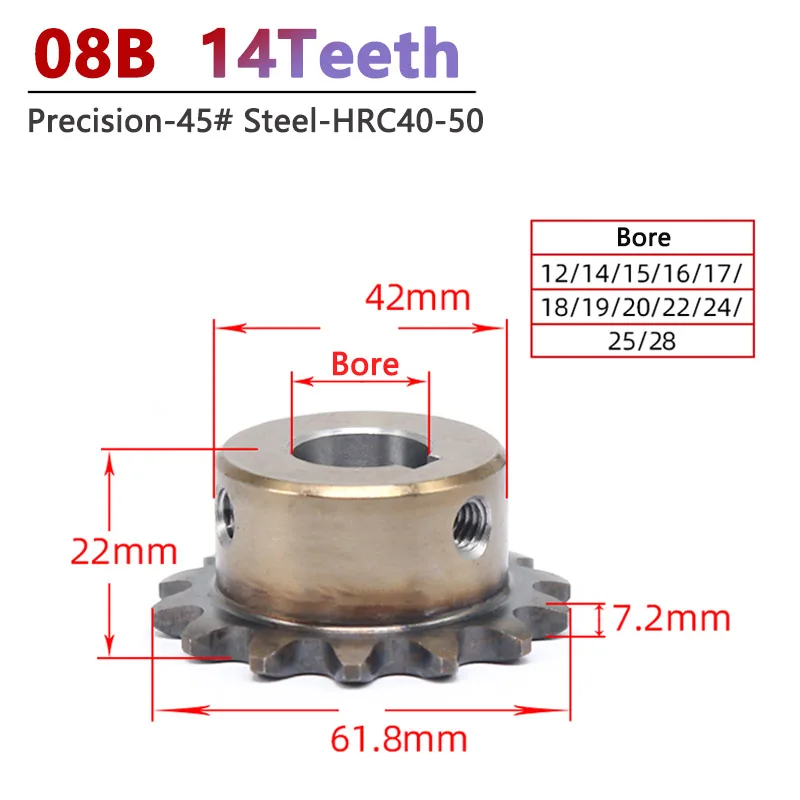 1pc 08B 14T Precision Industrial Drive Sprocket Wheel 45# Steel 14 Teeth Chain Gear Bore 12/14/15/16/17/18/19/20/22/24/25/28mm
1pc 08B 14T Precision Industrial Drive Sprocket Wheel 45# Steel 14 Teeth Chain Gear Bore 12/14/15/16/17/18/19/20/22/24/25/28mm