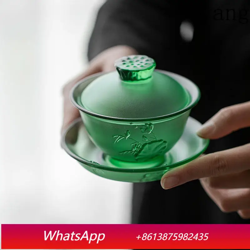 LMM green glazed lotus rhyme Sancai cover bowl tea bowl tea brewer thickened female glass kung fu tea set
LMM green glazed lotus rhyme Sancai cover bowl tea bowl tea brewer thickened female glass kung fu tea set