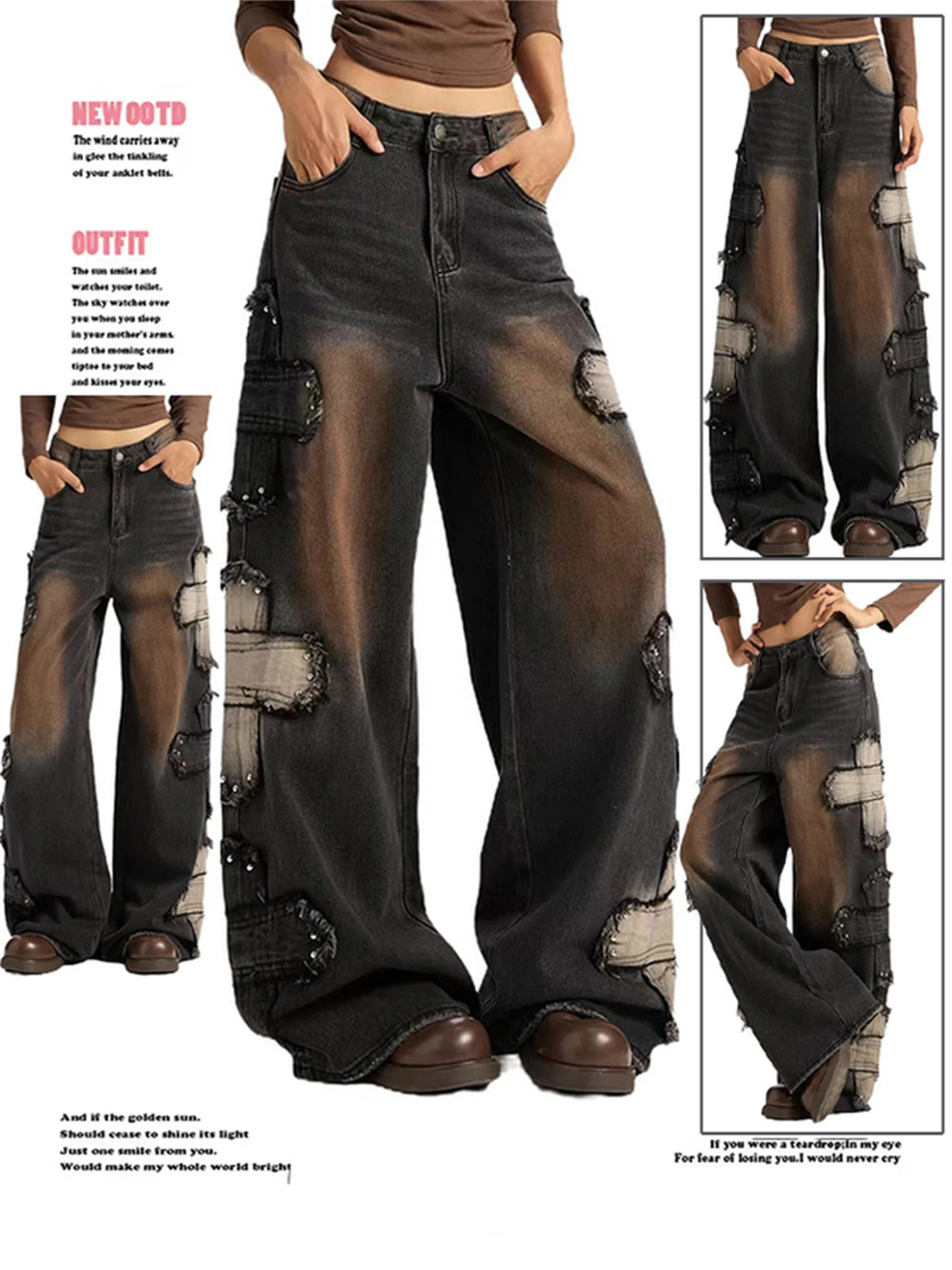 Women's High Waist Wide Leg Black Jeans Vintage Washed Patchwork Distressed Ripped Rivet Y2K Streetwear Denim Trousers
Women's High Waist Wide Leg Black Jeans Vintage Washed Patchwork Distressed Ripped Rivet Y2K Streetwear Denim Trousers