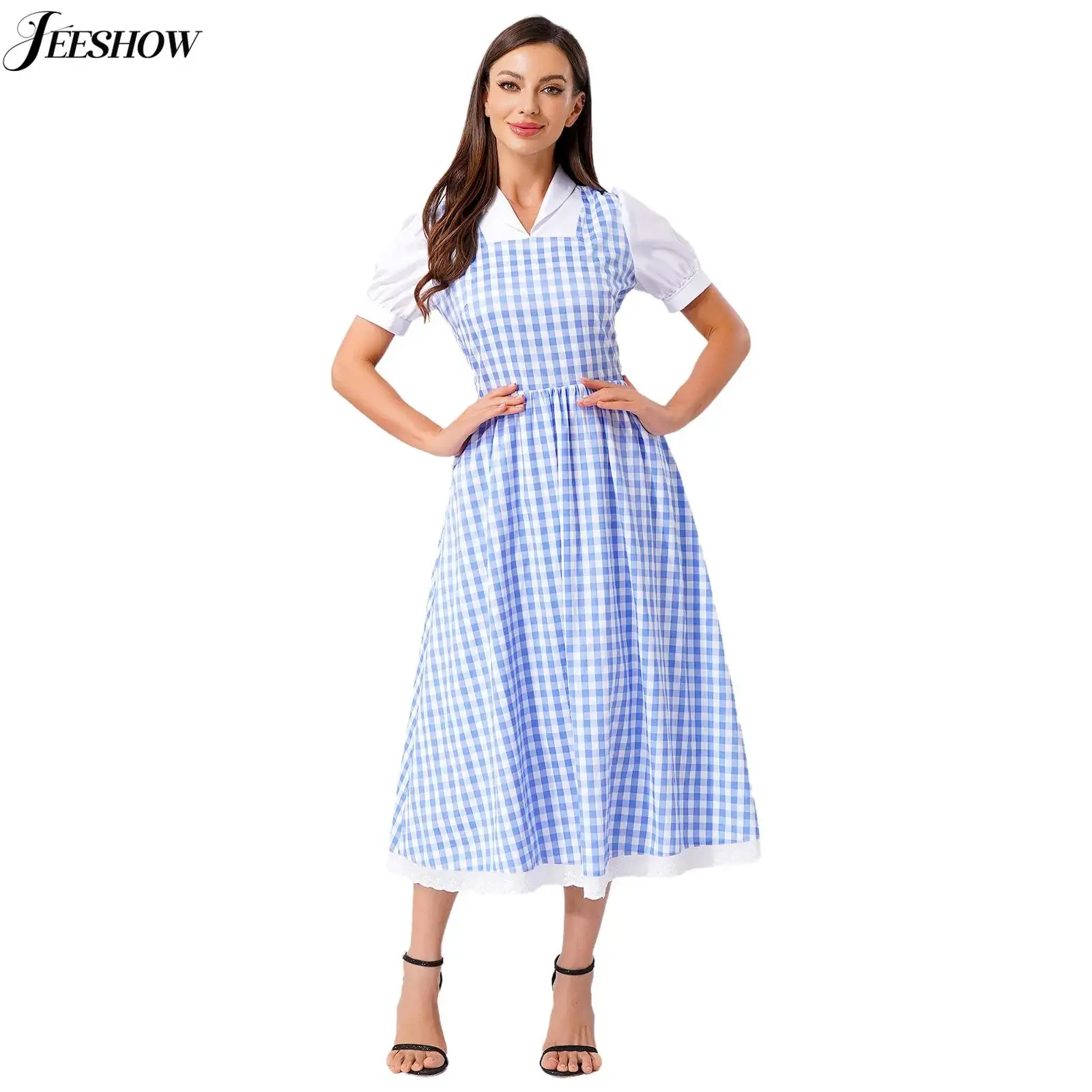 Womens Halloween Gingham Dress Lace Trim Short Sleeve Plaid Midi A-line Dress Maid Role Play Fancy Dress Outfits Doll Dress
Womens Halloween Gingham Dress Lace Trim Short Sleeve Plaid Midi A-line Dress Maid Role Play Fancy Dress Outfits Doll Dress