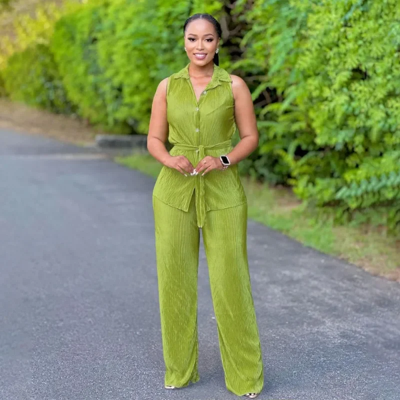 GUWU Fashion Summer Women's Set Pleated Sleeveless V-neck Tops +Wide Leg Pants Party Street Two 2 Piece Sets Outfits Tracksuit 
GUWU Fashion Summer Women's Set Pleated Sleeveless V-neck Tops +Wide Leg Pants Party Street Two 2 Piece Sets Outfits Tracksuit