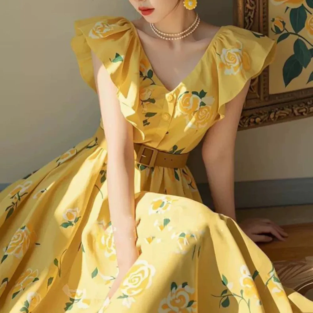 Summer French style niche non collision beach vacation yellow rose print small flying sleeve dress vestidos de fiesta
Summer French style niche non collision beach vacation yellow rose print small flying sleeve dress vestidos de fiesta